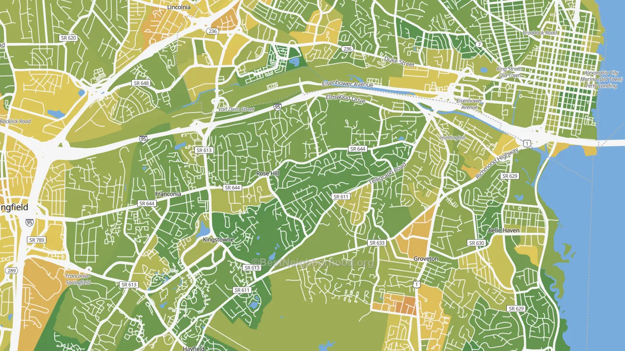 Map of the best neighborhoods in the Rose Hill, Alexandria area, with better matches in green and worse matches in red