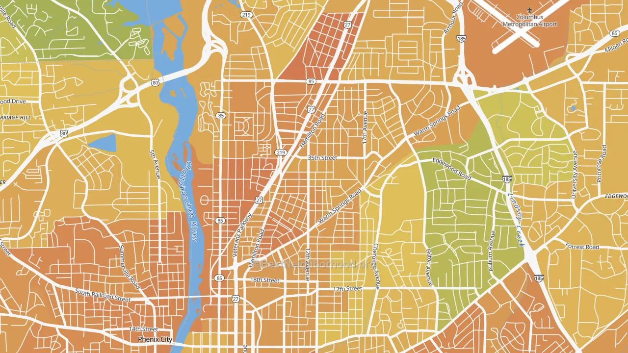 Map of the best neighborhoods in the Rose Hill, Columbus area, with better matches in green and worse matches in red