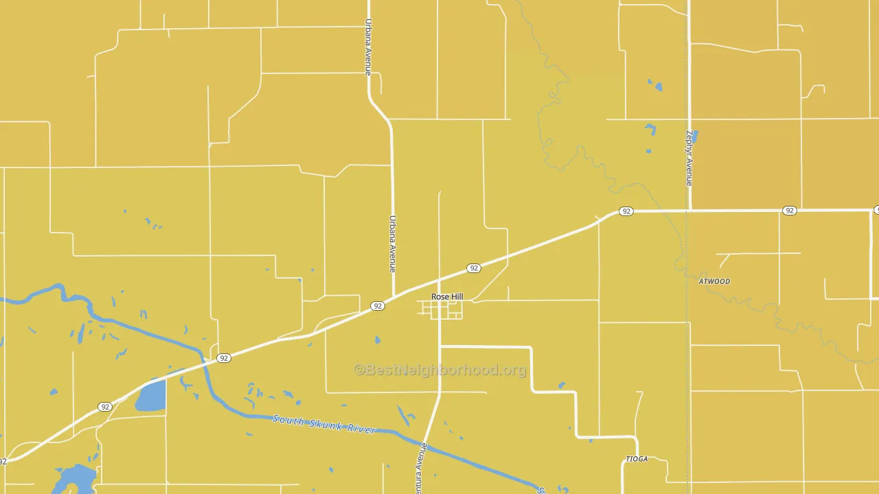 Map of the best neighborhoods in the Rose Hill area, with better matches in green and worse matches in red