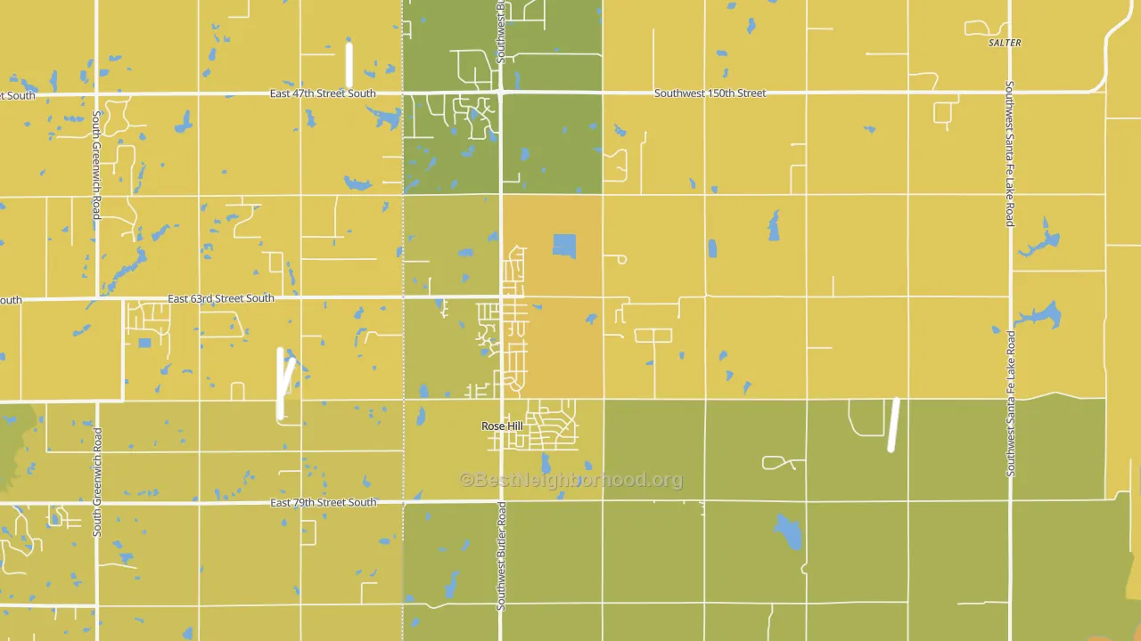 Map of the best neighborhoods in the Rose Hill area, with better matches in green and worse matches in red