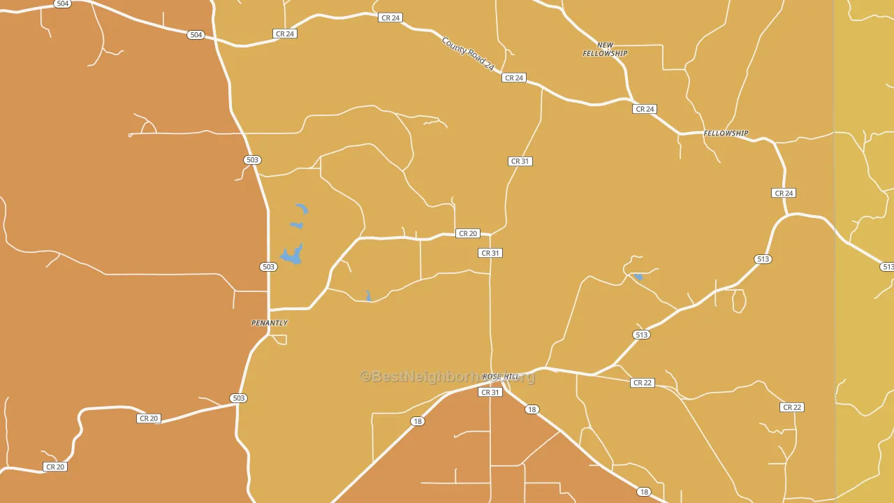 Map of the best neighborhoods in the Rose Hill area, with better matches in green and worse matches in red