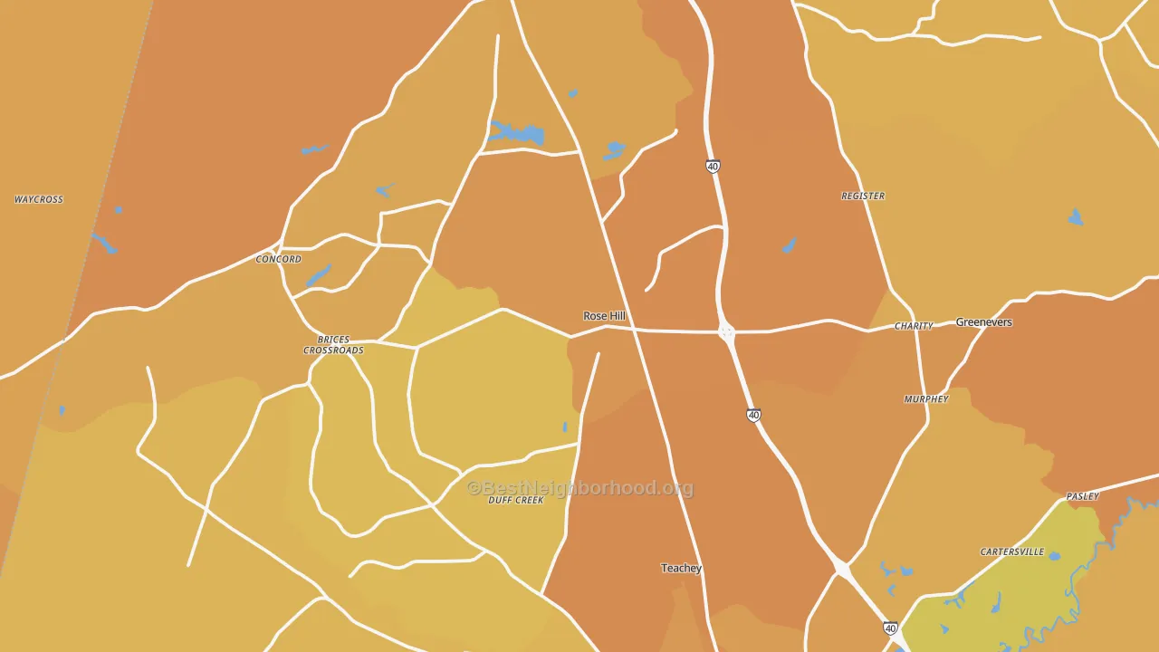 Map of the best neighborhoods in the Rose Hill area, with better matches in green and worse matches in red