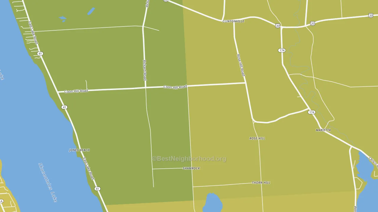 Map of the best neighborhoods in the Rose Hill area, with better matches in green and worse matches in red