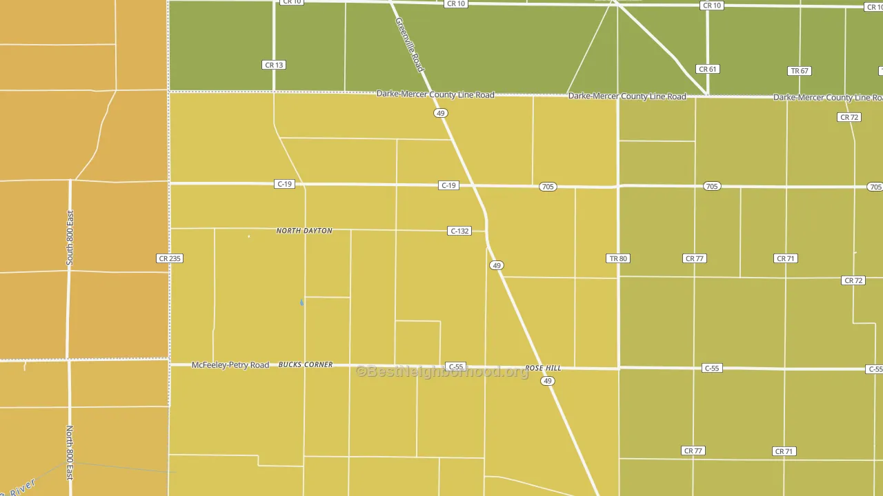 Map of the best neighborhoods in the Rose Hill area, with better matches in green and worse matches in red