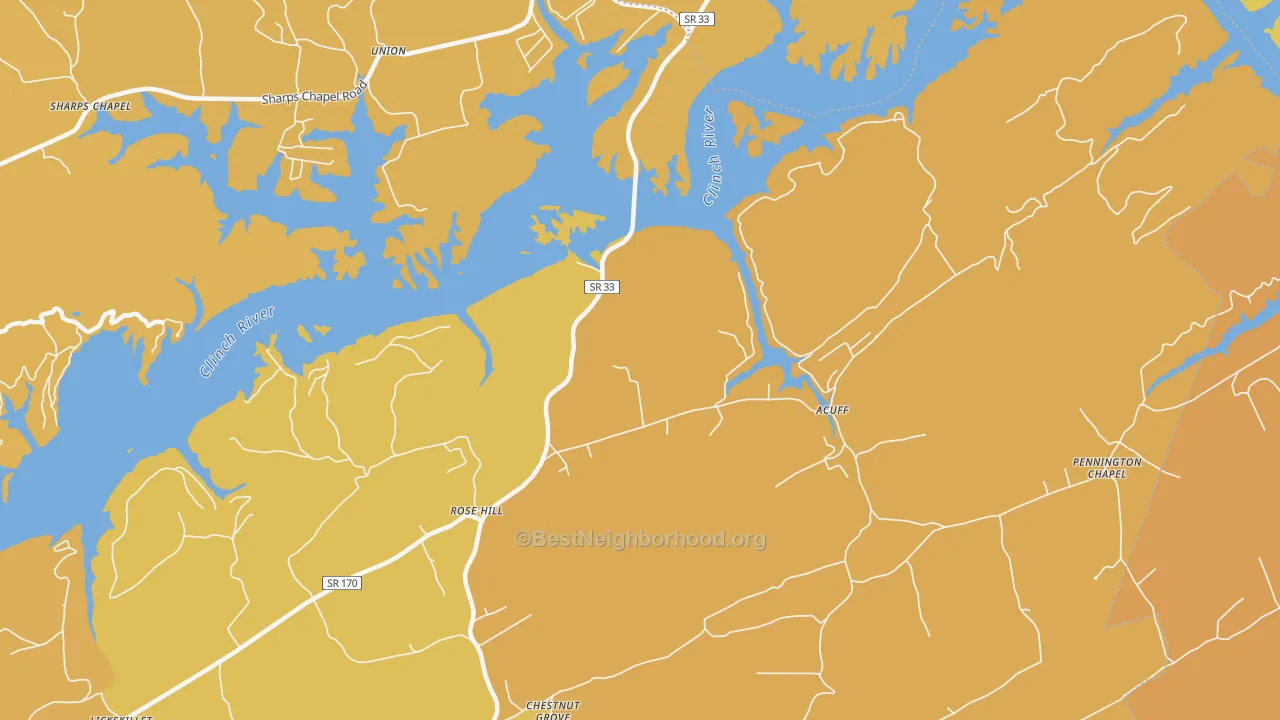 Map of the best neighborhoods in the Rose Hill area, with better matches in green and worse matches in red