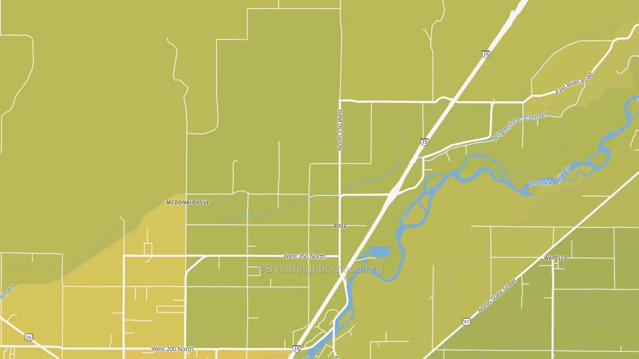 Map of the best neighborhoods in the Rose area, with better matches in green and worse matches in red