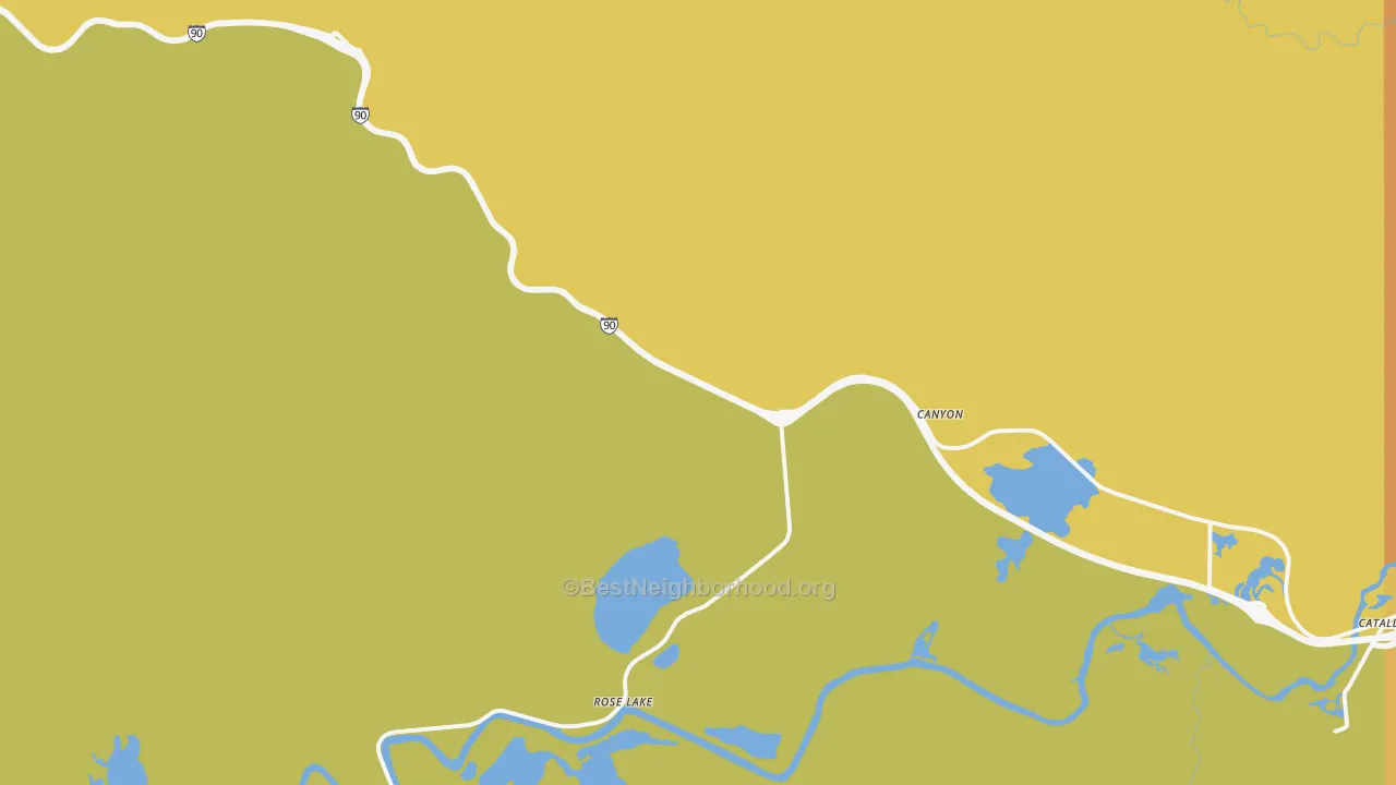 Map of the best neighborhoods in the Rose Lake area, with better matches in green and worse matches in red