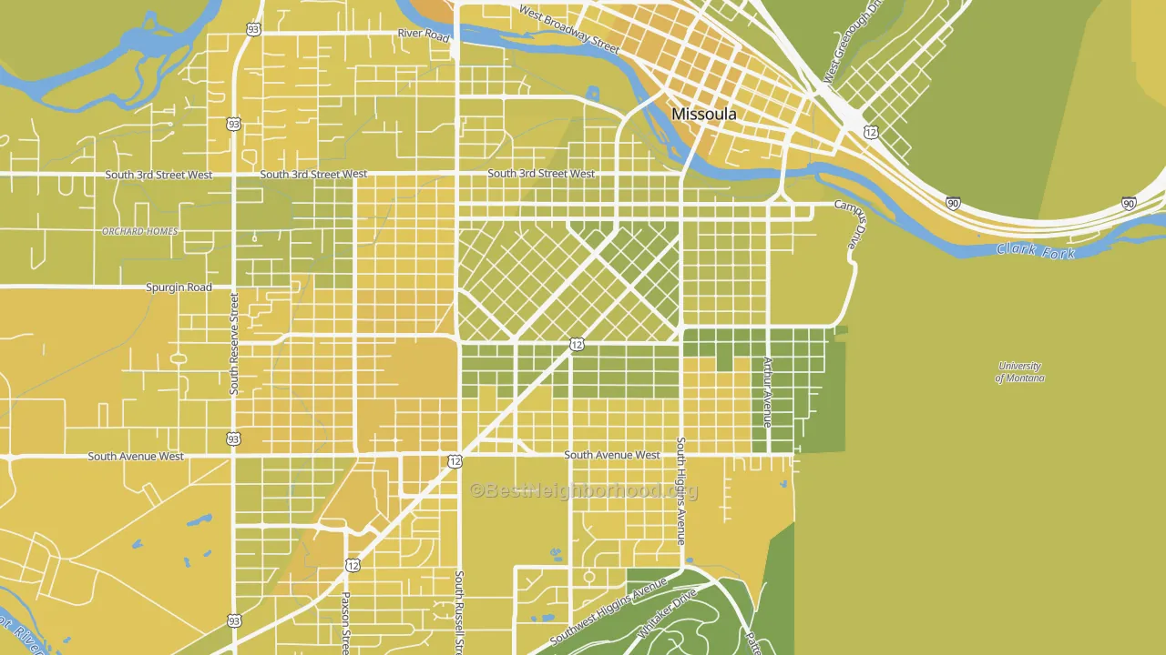 Map of the best neighborhoods in the Rose Park, Missoula area, with better matches in green and worse matches in red