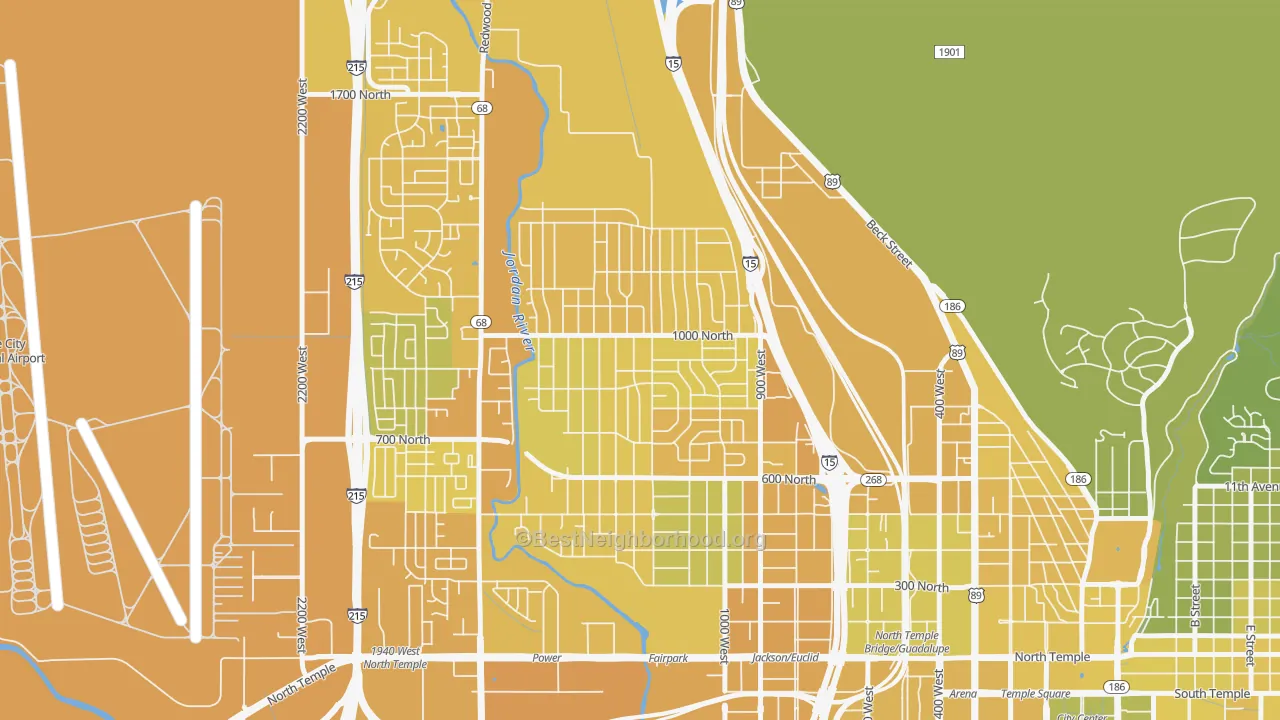 Map of the best neighborhoods in the Rose Park, Salt Lake City area, with better matches in green and worse matches in red