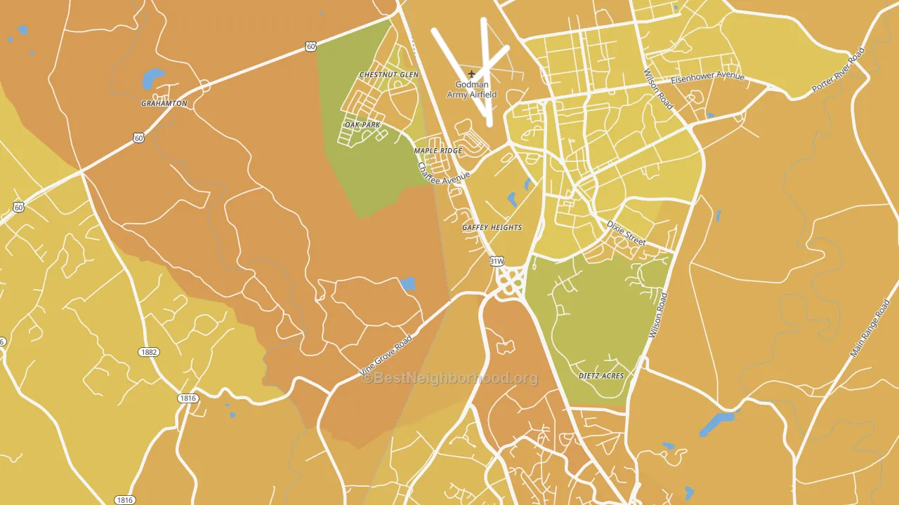Map of the best neighborhoods in the Rose Terrace area, with better matches in green and worse matches in red