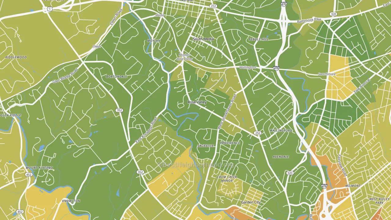 Map of the best neighborhoods in the Rose Valley area, with better matches in green and worse matches in red