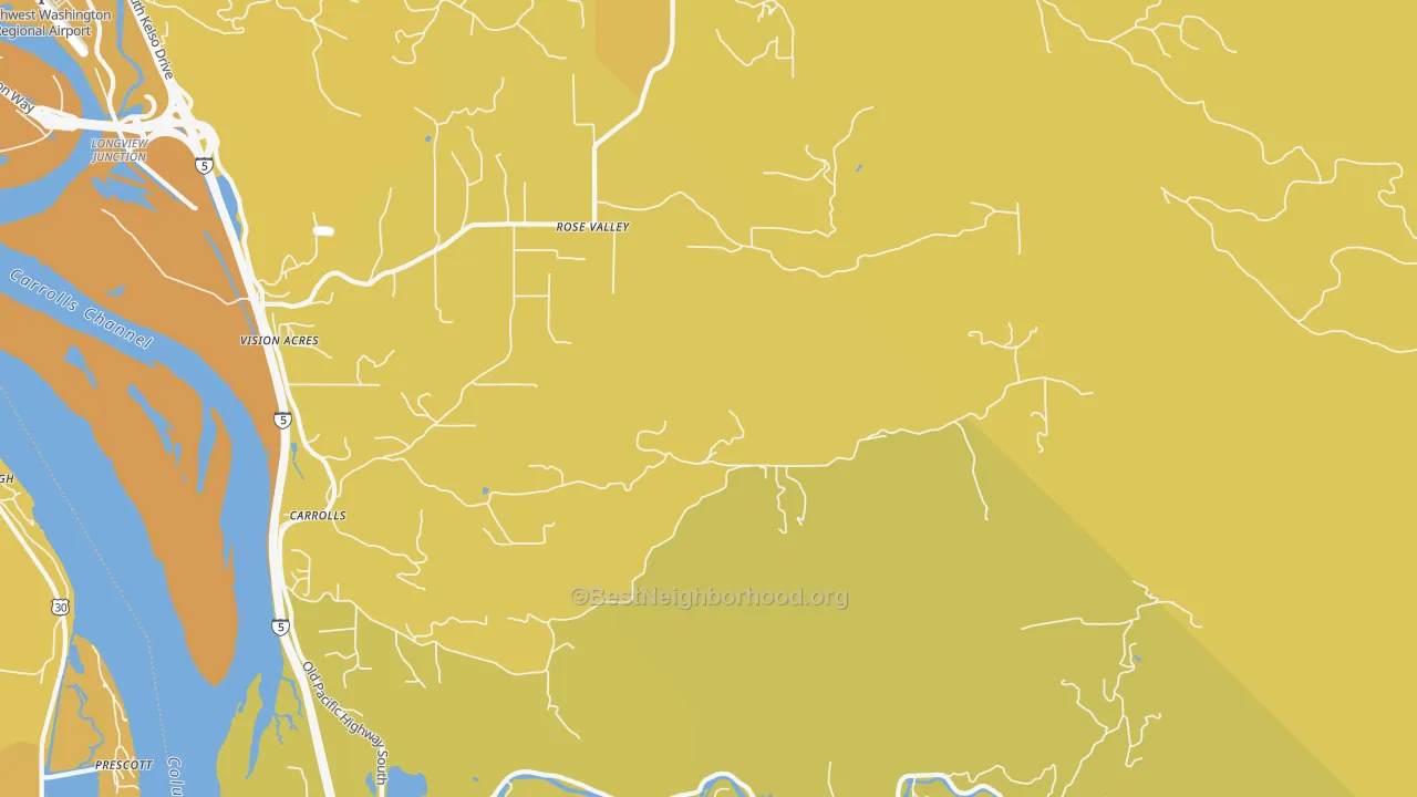Map of the best neighborhoods in the Rose Valley area, with better matches in green and worse matches in red