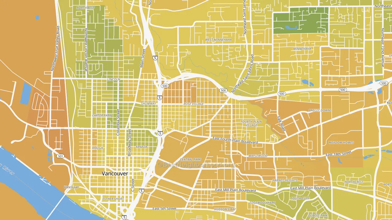 Map of the best neighborhoods in the Rose Village, Vancouver area, with better matches in green and worse matches in red