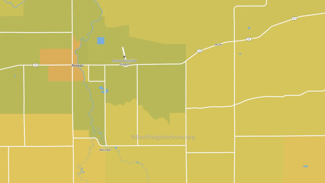 Map of the best neighborhoods in the Roseau County area, with better matches in green and worse matches in red