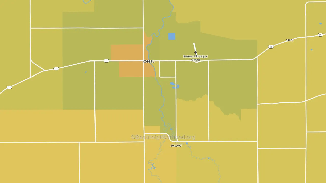 Map of the best neighborhoods in the Roseau area, with better matches in green and worse matches in red