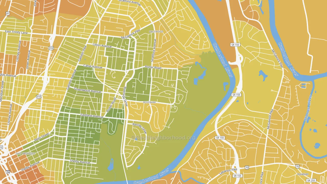 Map of the best neighborhoods in the Rosebank, Nashville area, with better matches in green and worse matches in red