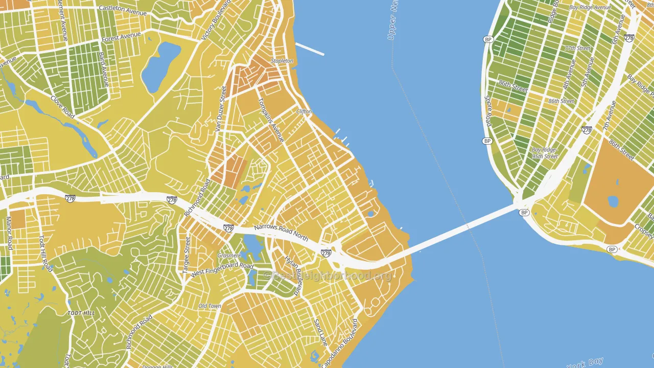 Map of the best neighborhoods in the Rosebank, Staten Island area, with better matches in green and worse matches in red