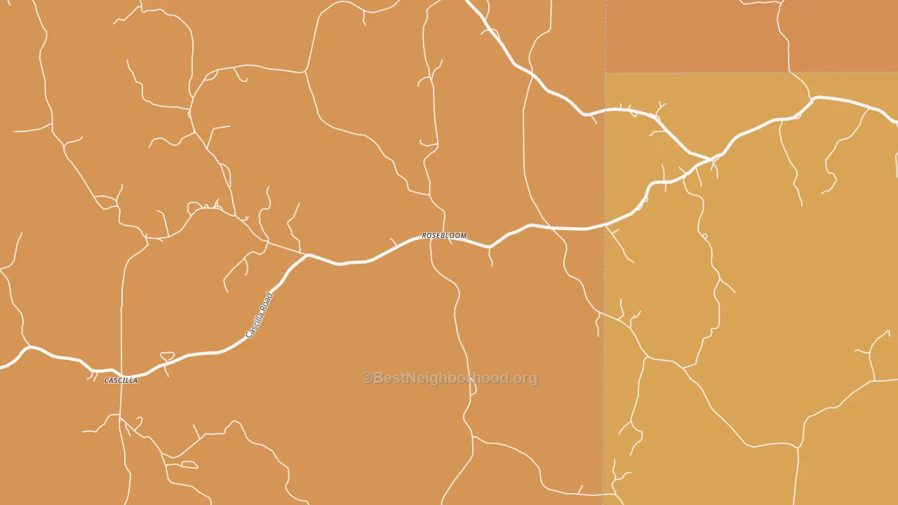 Map of the best neighborhoods in the Rosebloom area, with better matches in green and worse matches in red