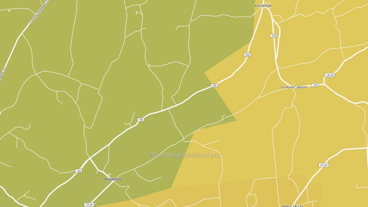Map of the best neighborhoods in the Roseboom area, with better matches in green and worse matches in red