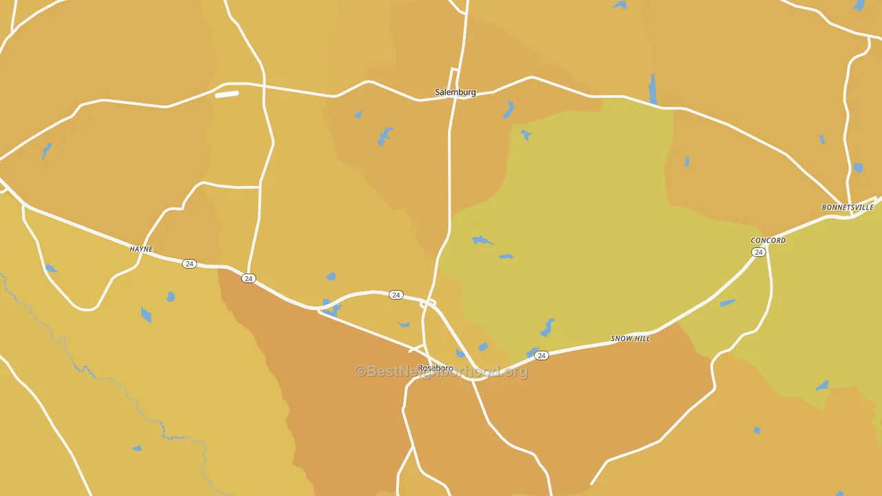 Map of the best neighborhoods in the Roseboro area, with better matches in green and worse matches in red