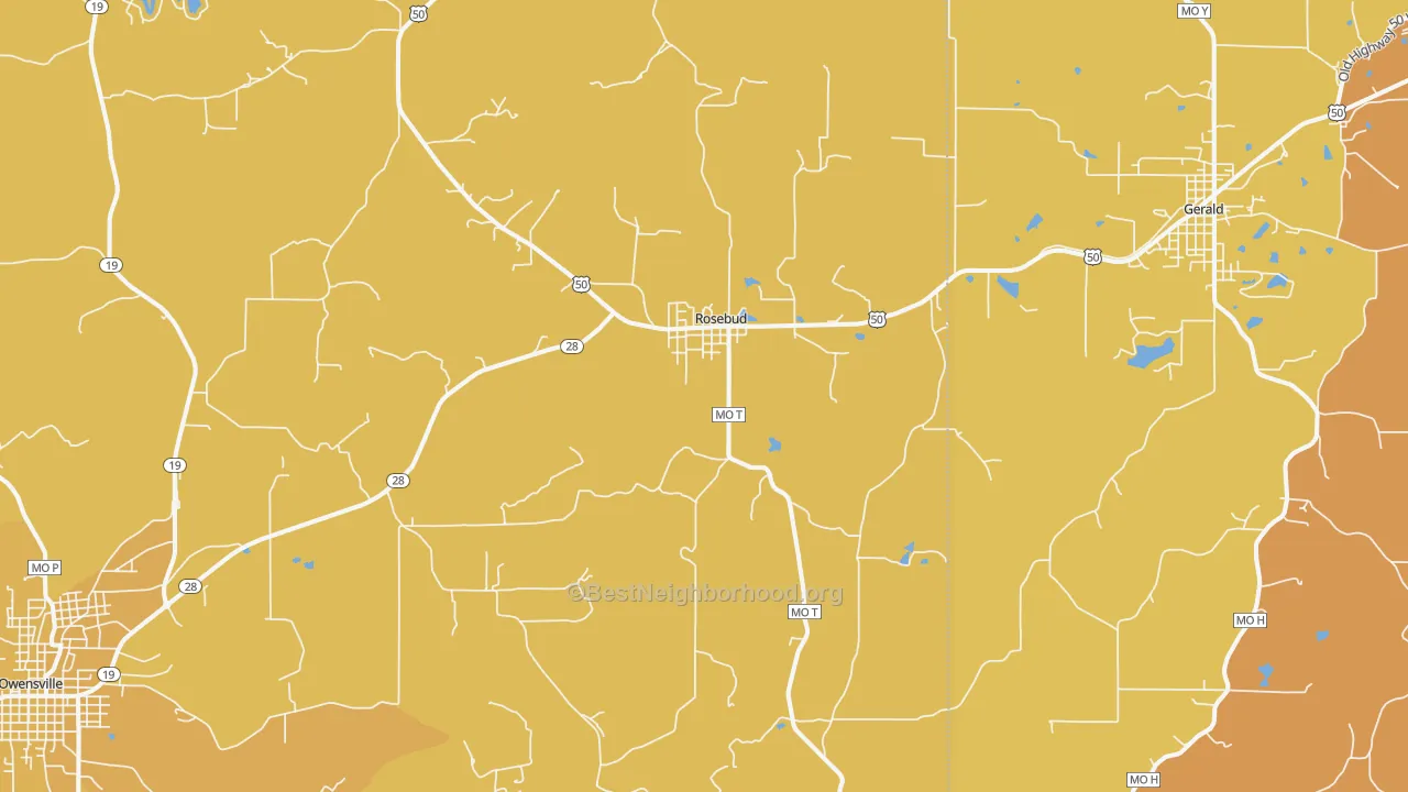 Map of the best neighborhoods in the Rosebud area, with better matches in green and worse matches in red