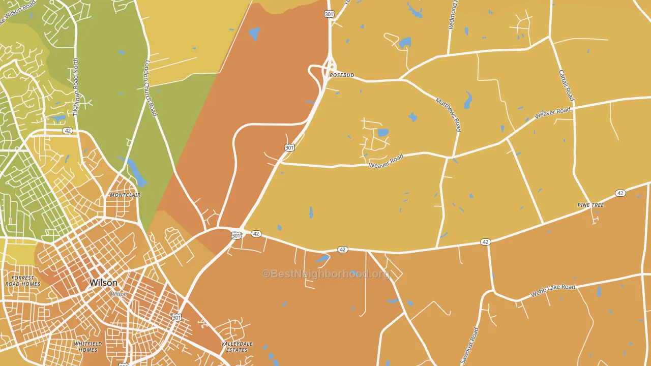 Map of the best neighborhoods in the Rosebud area, with better matches in green and worse matches in red