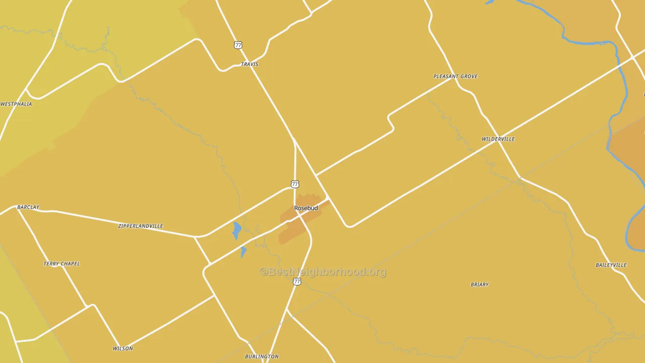 Map of the best neighborhoods in the Rosebud area, with better matches in green and worse matches in red