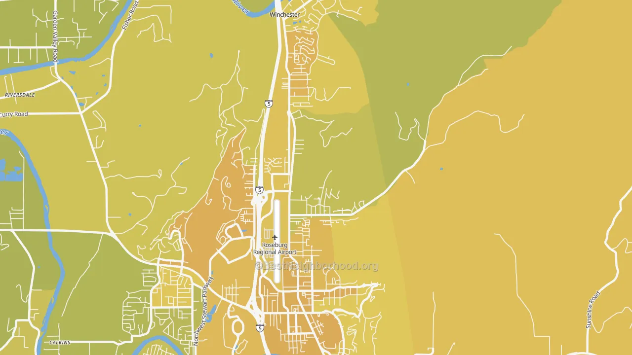 Map of the best neighborhoods in the Roseburg North area, with better matches in green and worse matches in red