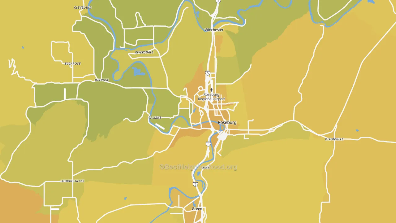 Map of the best neighborhoods in the Roseburg area, with better matches in green and worse matches in red