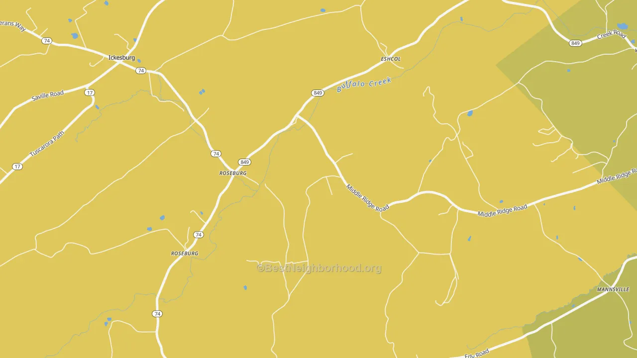 Map of the best neighborhoods in the Roseburg area, with better matches in green and worse matches in red