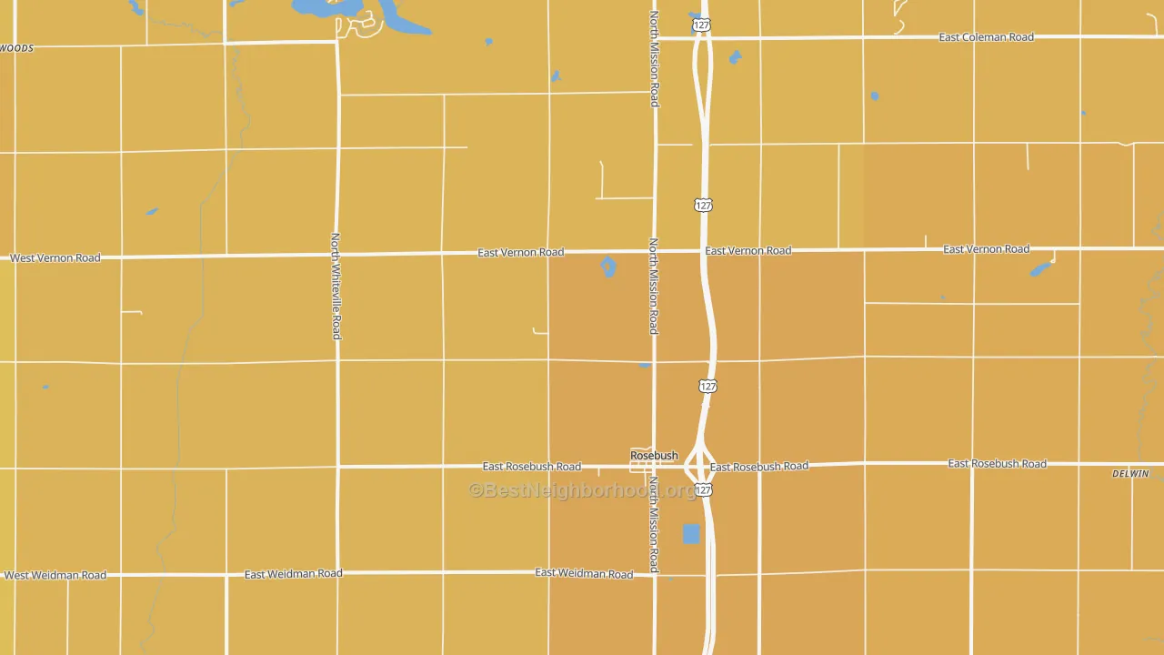 Map of the best neighborhoods in the Rosebush area, with better matches in green and worse matches in red