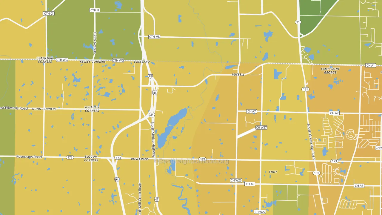 Map of the best neighborhoods in the Rosecrans area, with better matches in green and worse matches in red