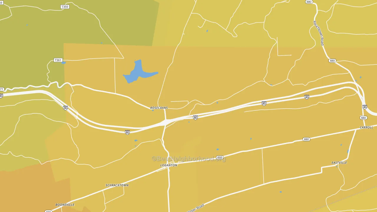 Map of the best neighborhoods in the Rosecrans area, with better matches in green and worse matches in red