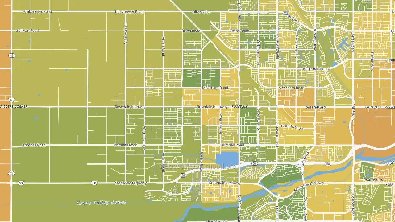 Map of the best neighborhoods in the Rosedale, Bakersfield area, with better matches in green and worse matches in red
