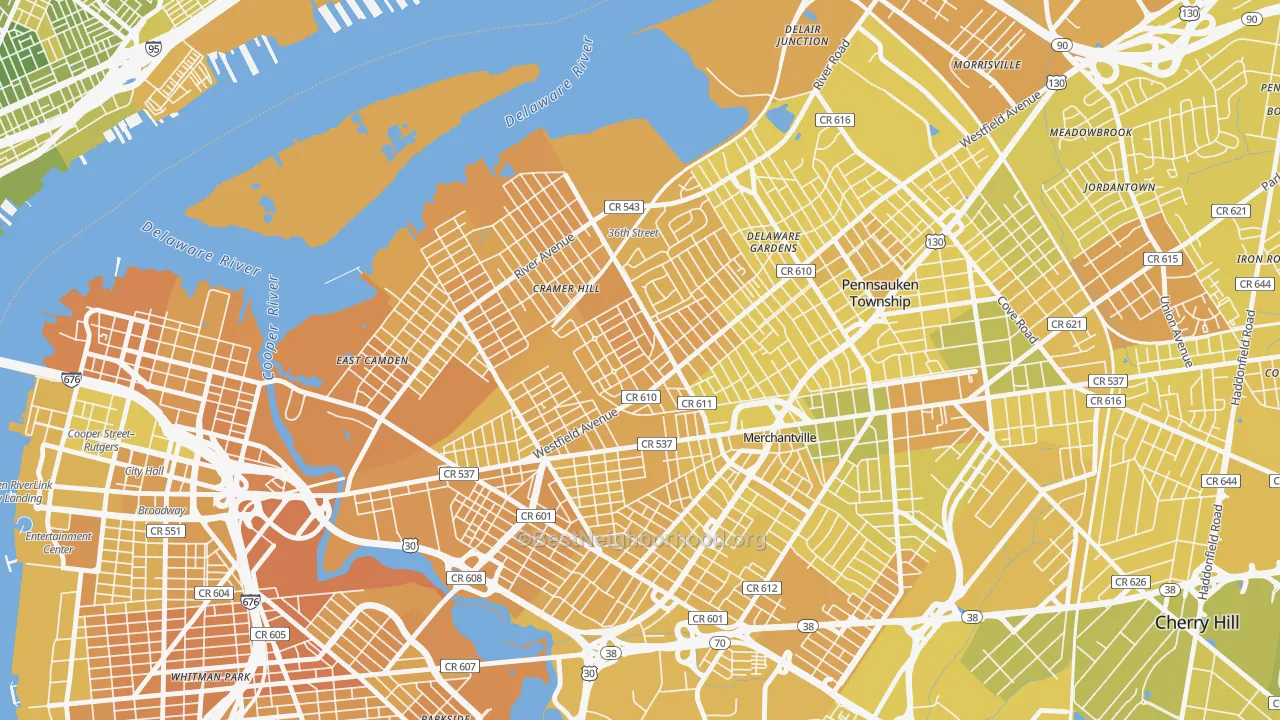 Map of the best neighborhoods in the Rosedale, Camden area, with better matches in green and worse matches in red