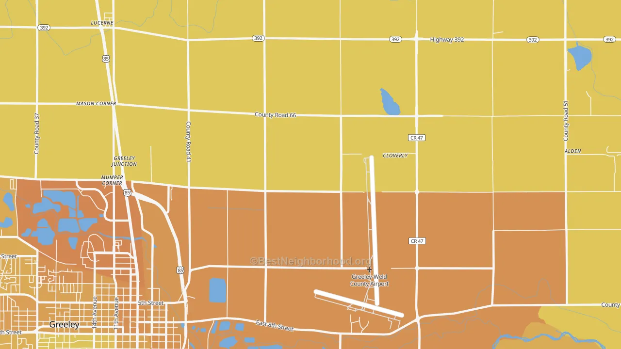 Map of the best neighborhoods in the Rosedale area, with better matches in green and worse matches in red
