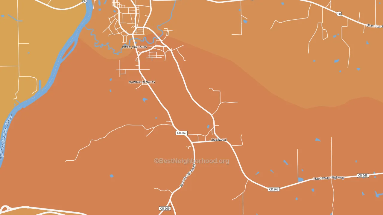 Map of the best neighborhoods in the Rosedale area, with better matches in green and worse matches in red