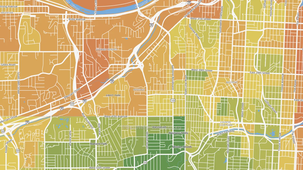 Map of the best neighborhoods in the Rosedale, Kansas City area, with better matches in green and worse matches in red