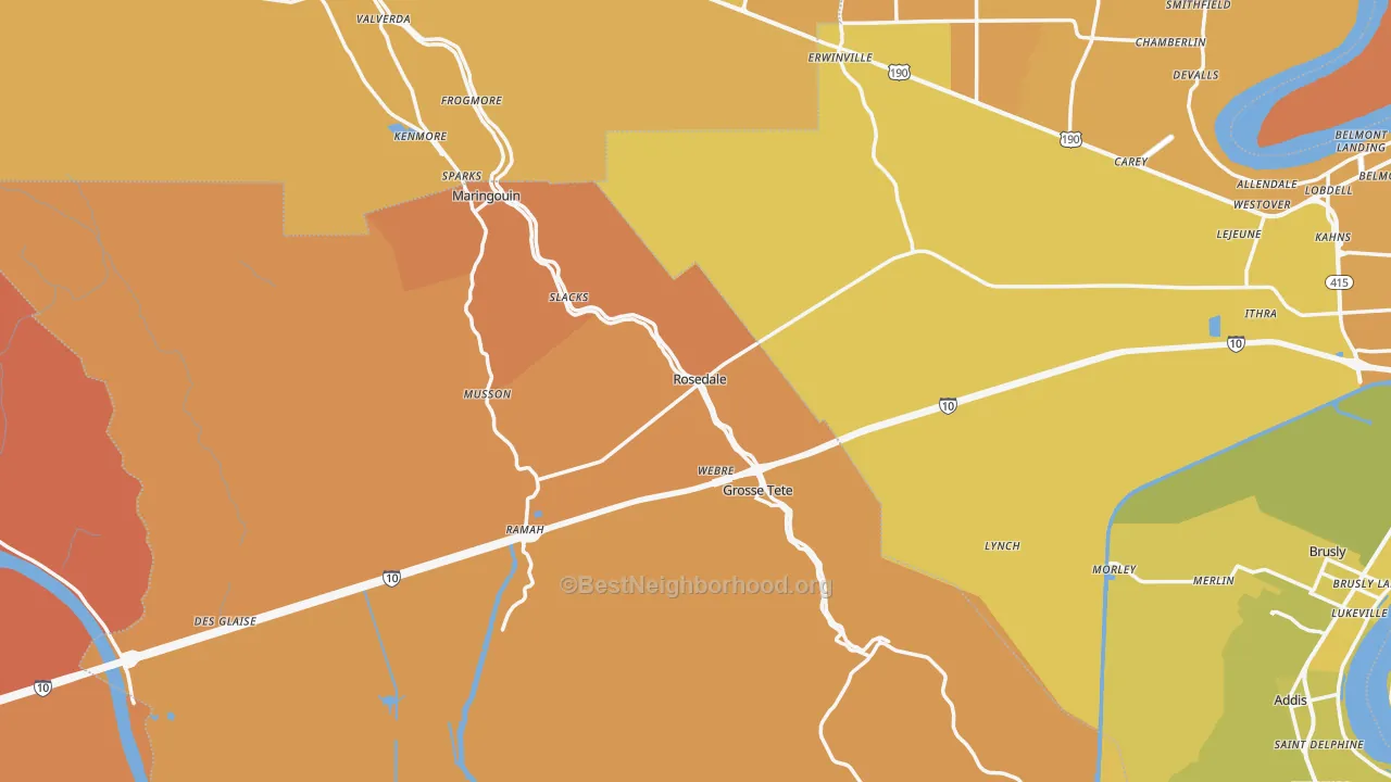 Map of the best neighborhoods in the Rosedale area, with better matches in green and worse matches in red