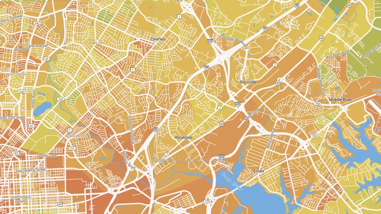 Map of the best neighborhoods in the Rosedale area, with better matches in green and worse matches in red