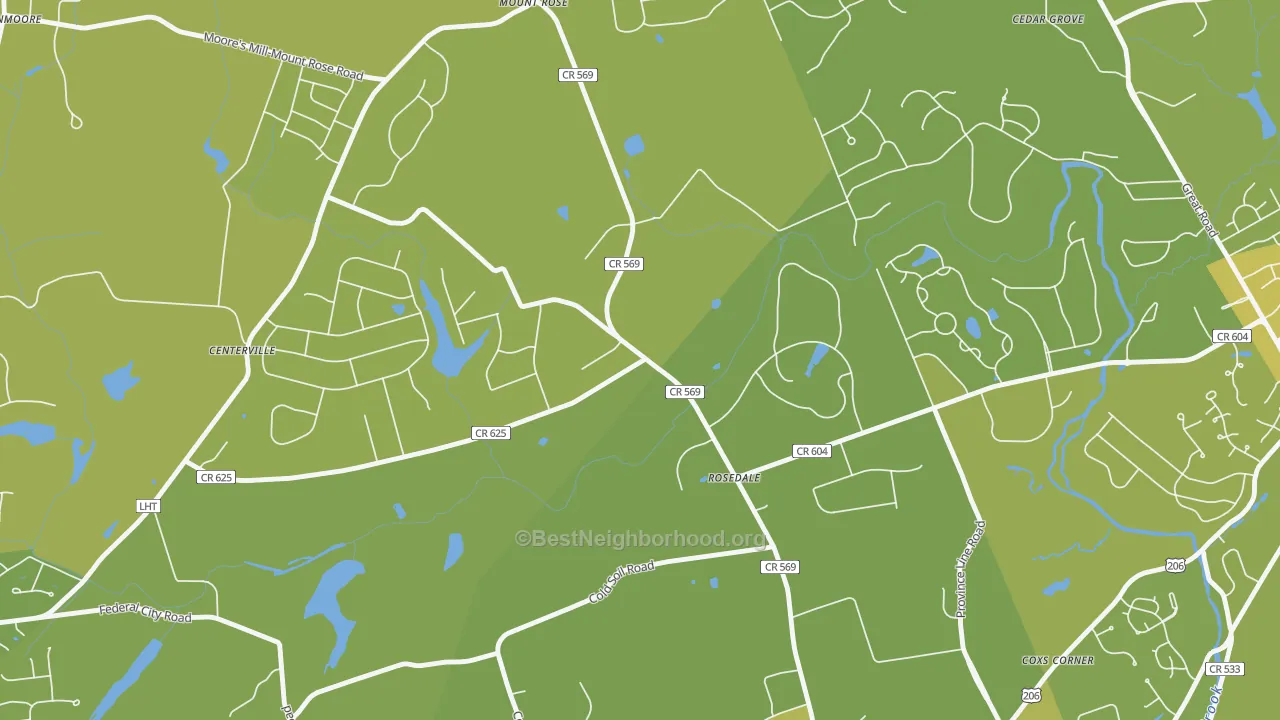 Map of the best neighborhoods in the Rosedale area, with better matches in green and worse matches in red