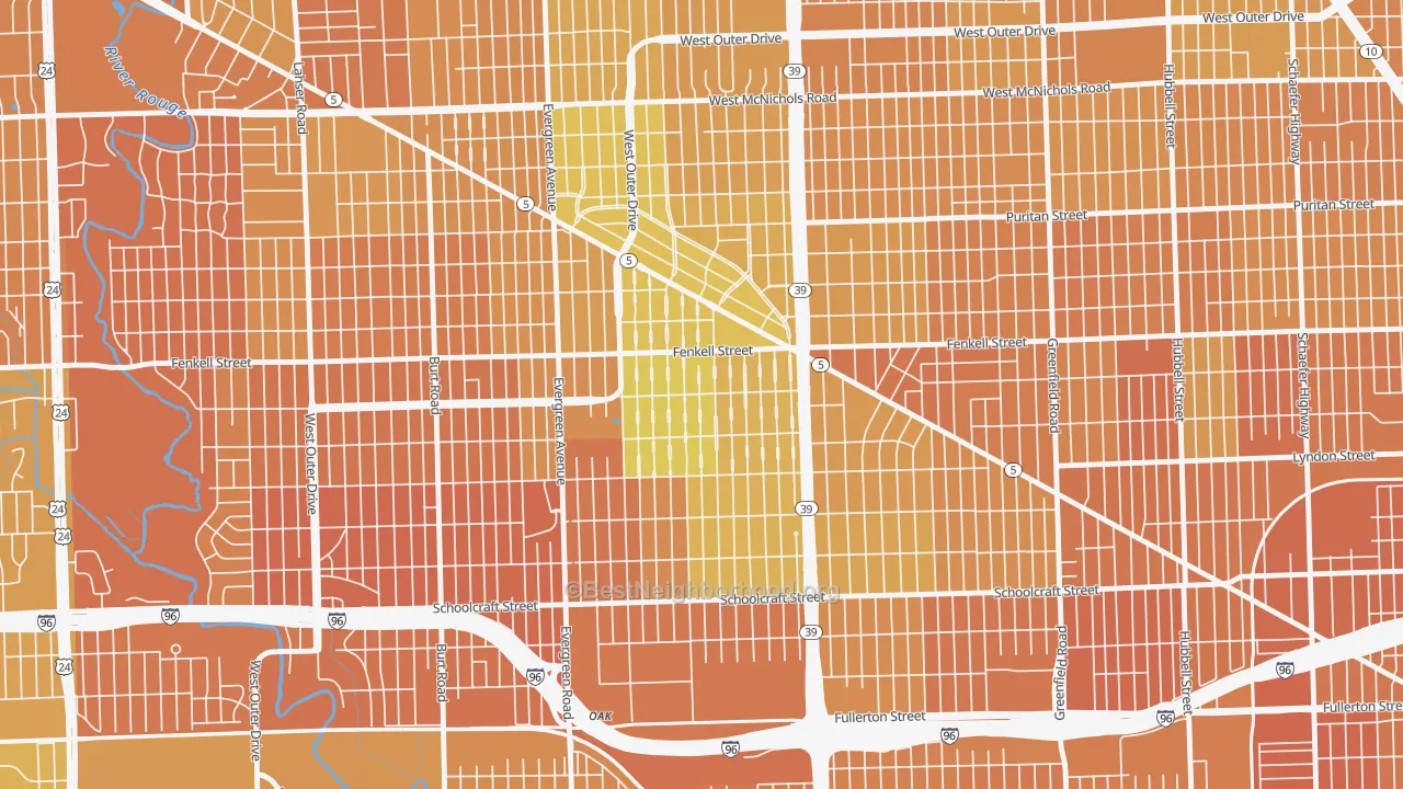 Map of the best neighborhoods in the Rosedale Park, Detroit area, with better matches in green and worse matches in red