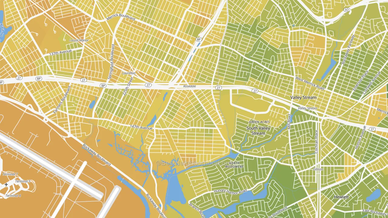 Map of the best neighborhoods in the Rosedale, Queens area, with better matches in green and worse matches in red