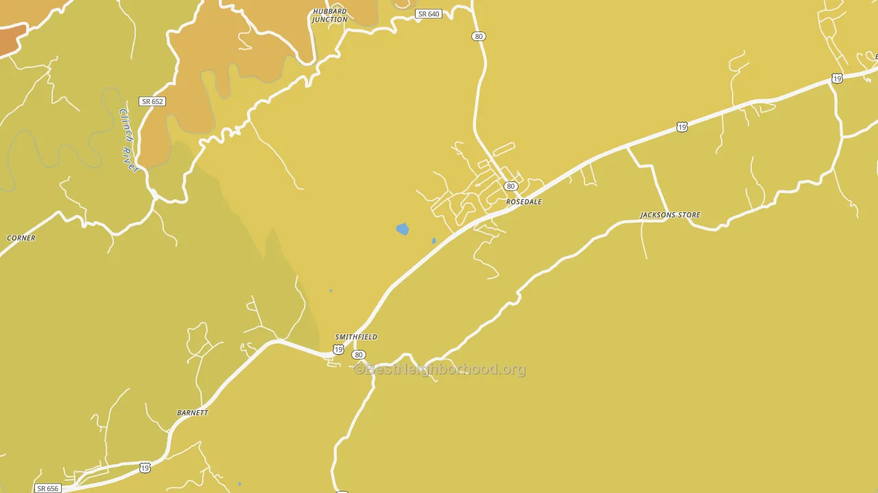 Map of the best neighborhoods in the Rosedale area, with better matches in green and worse matches in red