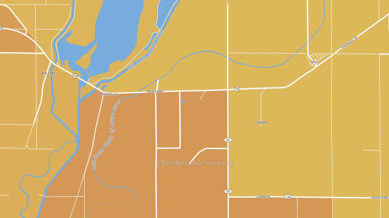 Map of the best neighborhoods in the Roseland area, with better matches in green and worse matches in red