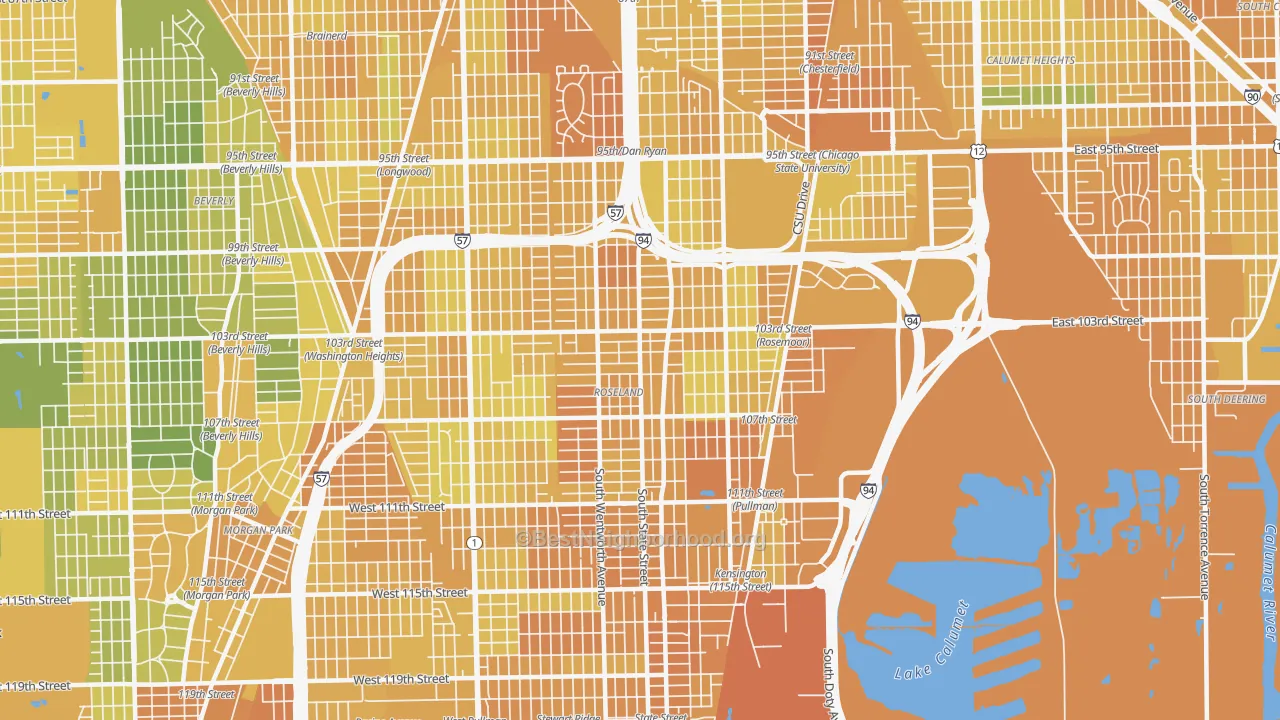 Map of the best neighborhoods in the Roseland, Chicago area, with better matches in green and worse matches in red