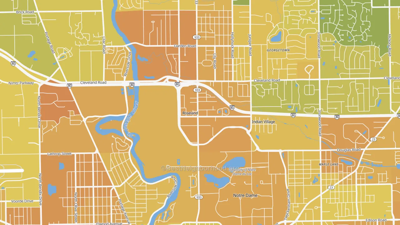 Map of the best neighborhoods in the Roseland area, with better matches in green and worse matches in red