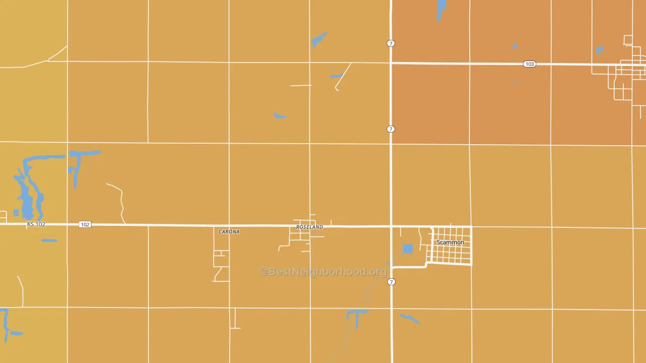 Map of the best neighborhoods in the Roseland area, with better matches in green and worse matches in red