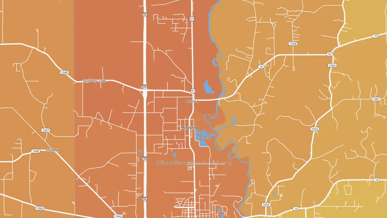 Map of the best neighborhoods in the Roseland area, with better matches in green and worse matches in red