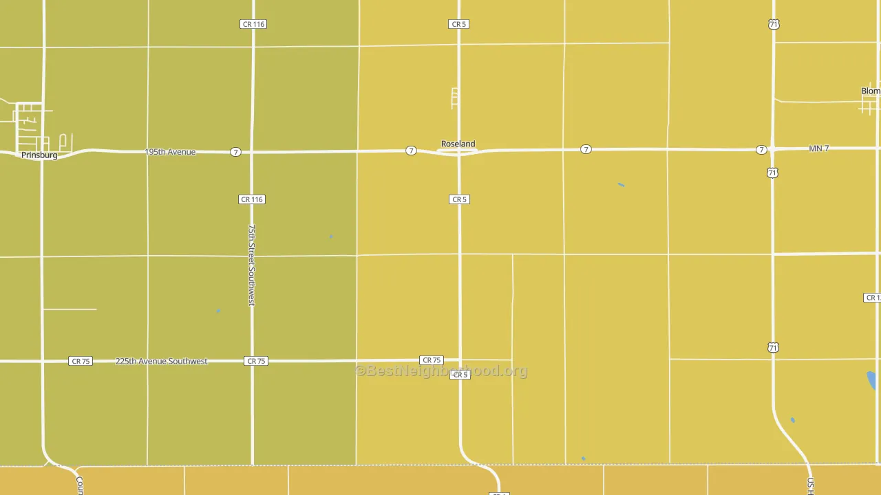 Map of the best neighborhoods in the Roseland area, with better matches in green and worse matches in red